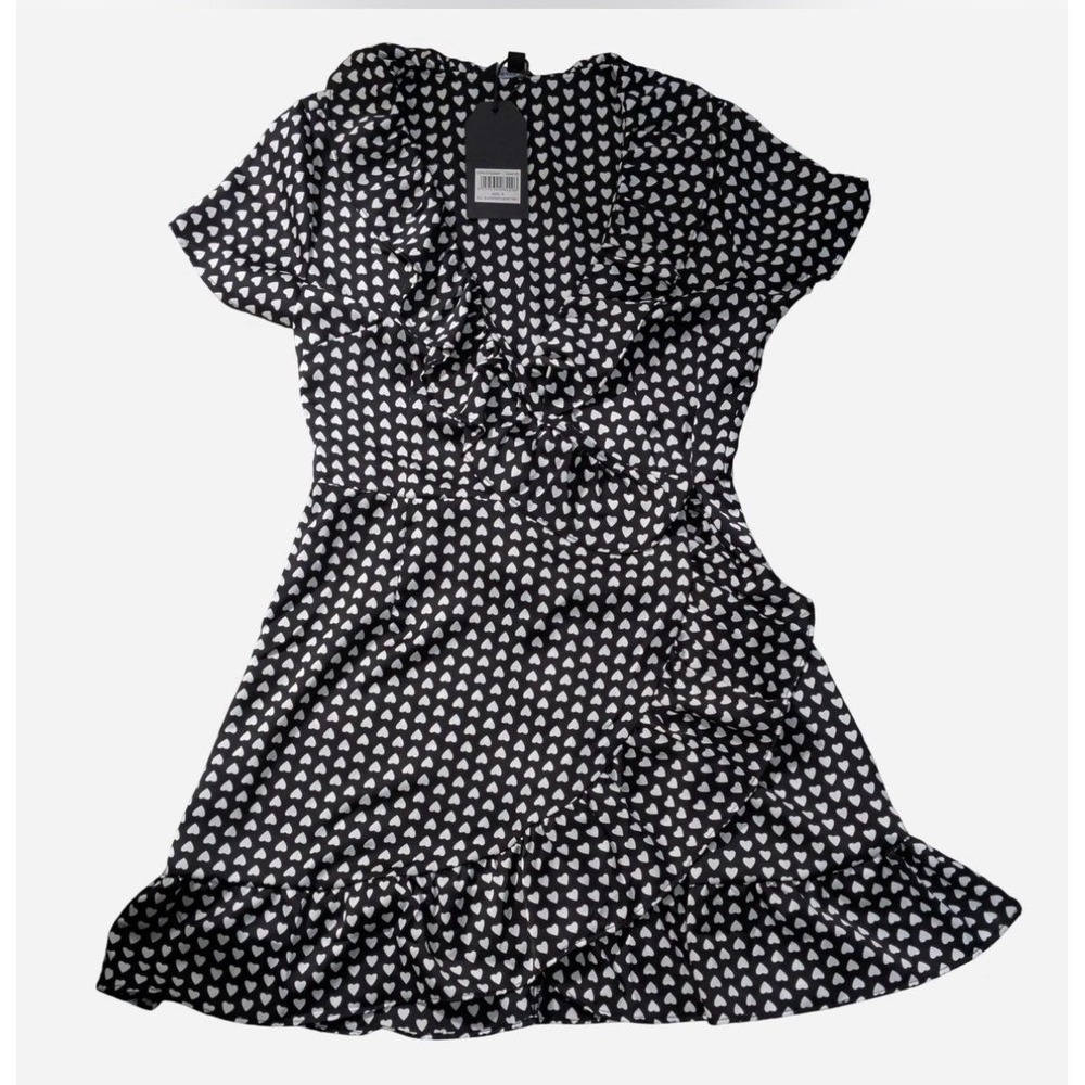 Women's Black White Heart Print V-Neck Wrap Dress Short Sleeve Ruffle Hem S